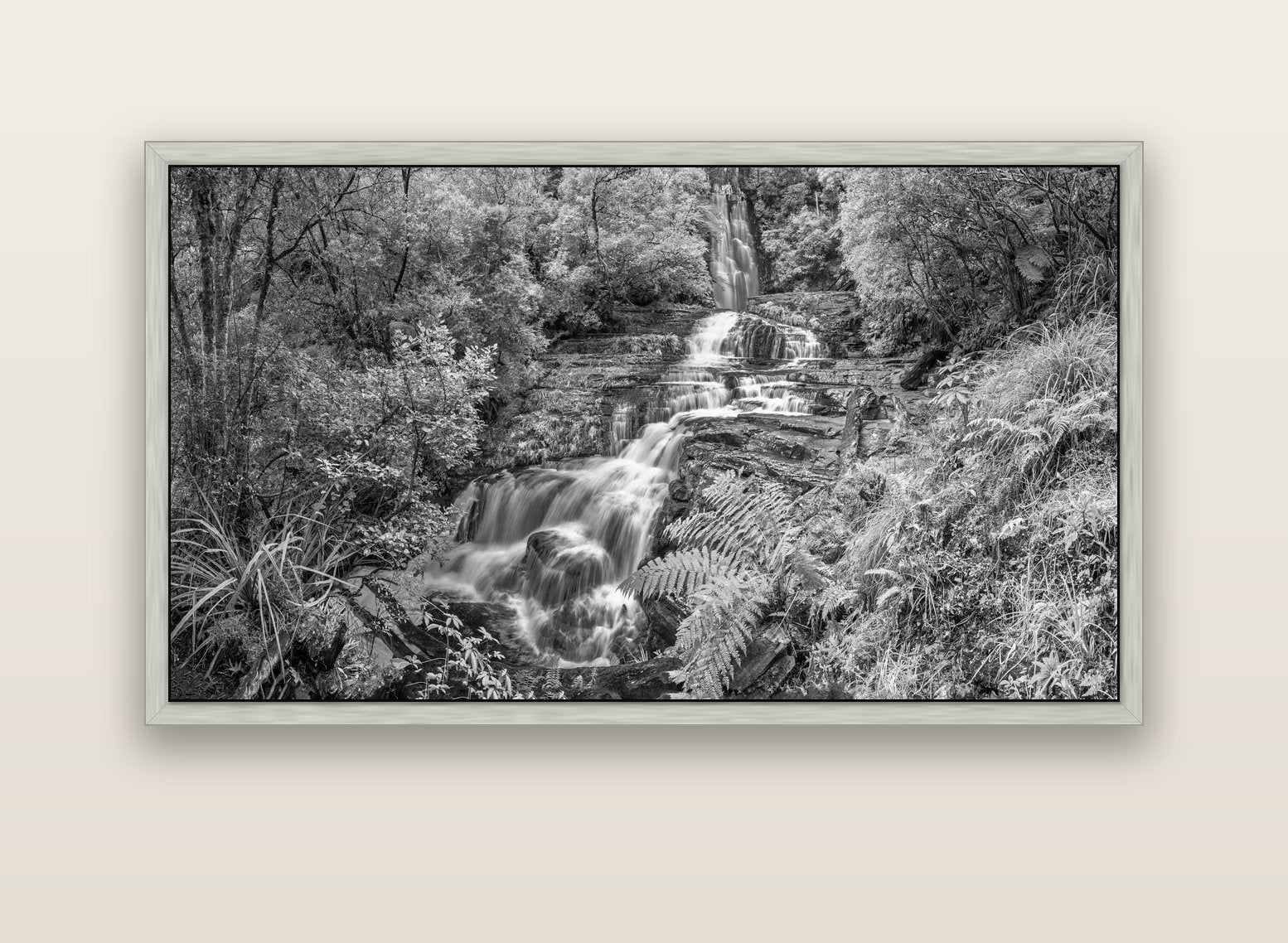 Radiance of Nature, McLean Falls — silver float frame canvas, 152 × 86 cm. New Zealand fine art landscape wall art by Stephen Milner.