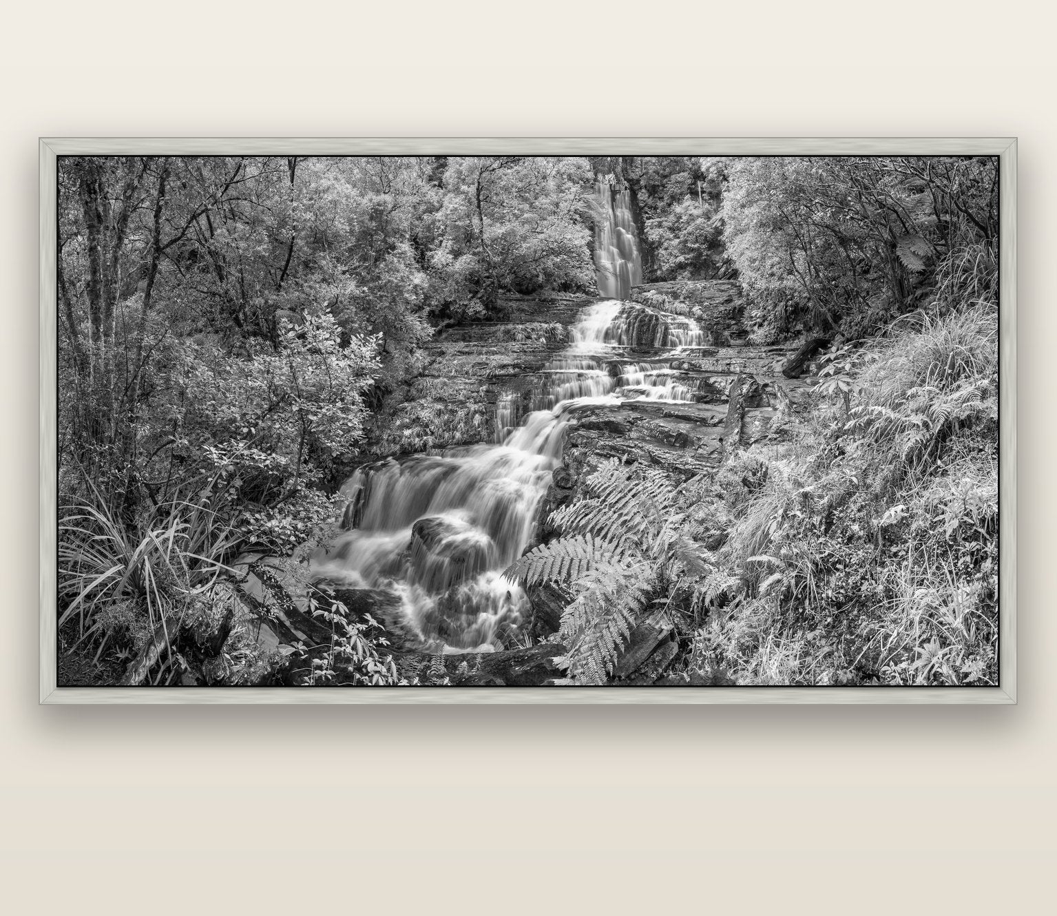 Radiance of Nature, McLean Falls — silver float frame canvas, 200 × 130 cm. New Zealand fine art landscape wall art by Stephen Milner.