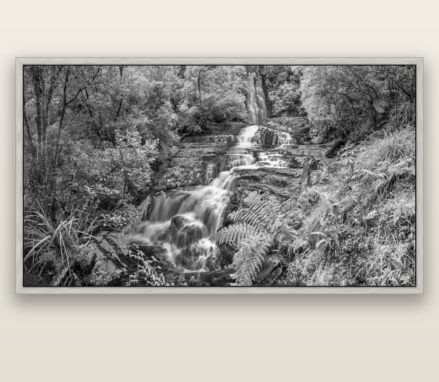 Radiance of Nature, McLean Falls — silver float frame canvas, 201 × 99 cm. New Zealand fine art landscape wall art by Stephen Milner.