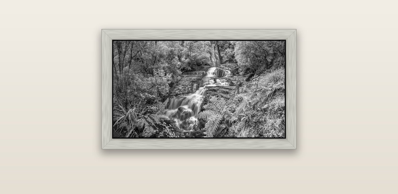 Radiance of Nature, McLean Falls — silver float frame canvas, 61 × 36 cm. New Zealand fine art landscape wall art by Stephen Milner.