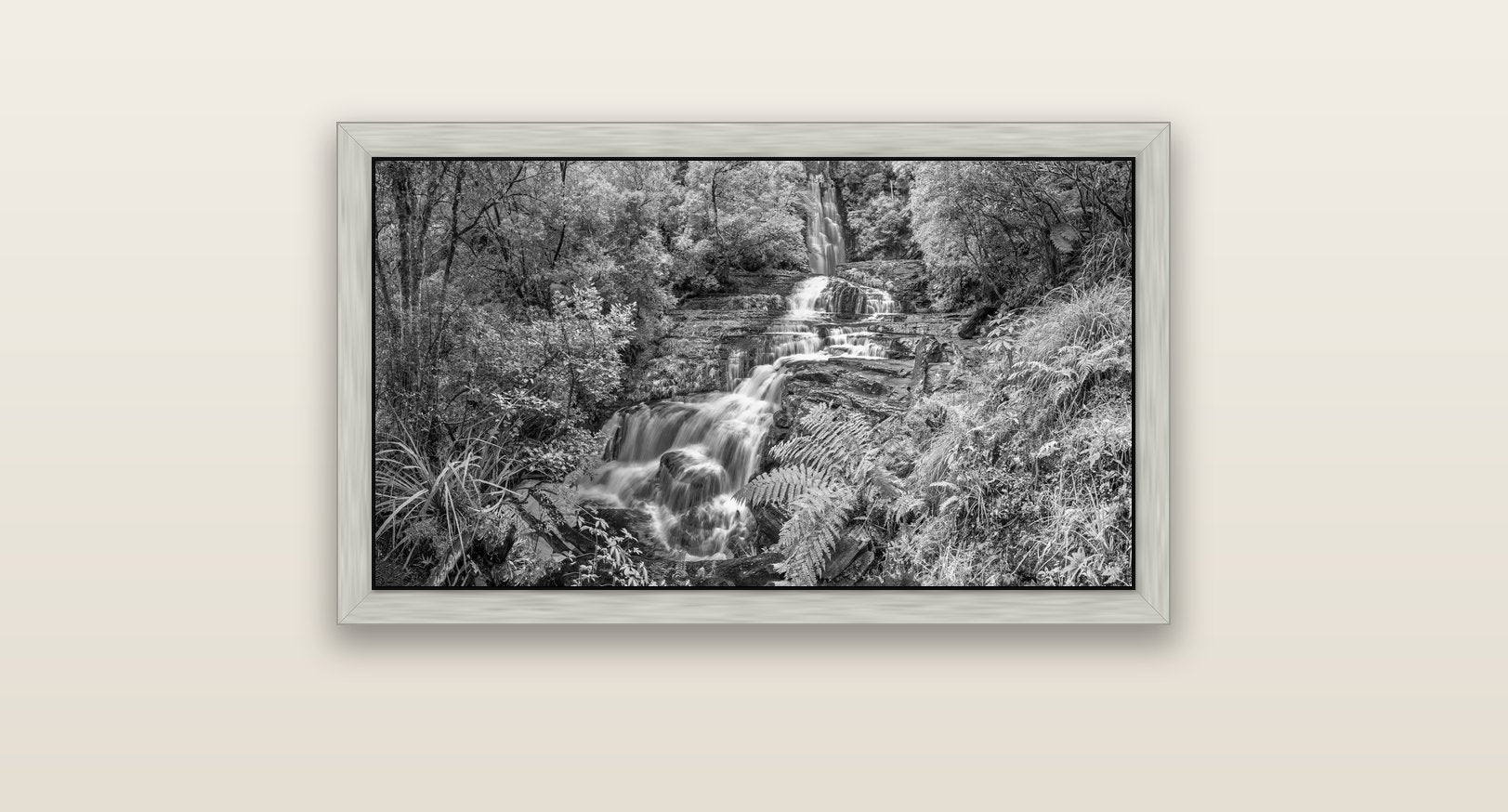 Radiance of Nature, McLean Falls — silver float frame canvas, 81 × 46 cm. New Zealand fine art landscape wall art by Stephen Milner.