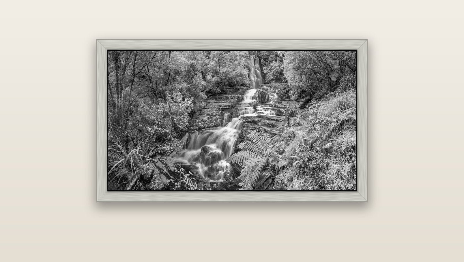 Radiance of Nature, McLean Falls — silver float frame canvas, 91 × 51 cm. New Zealand fine art landscape wall art by Stephen Milner.