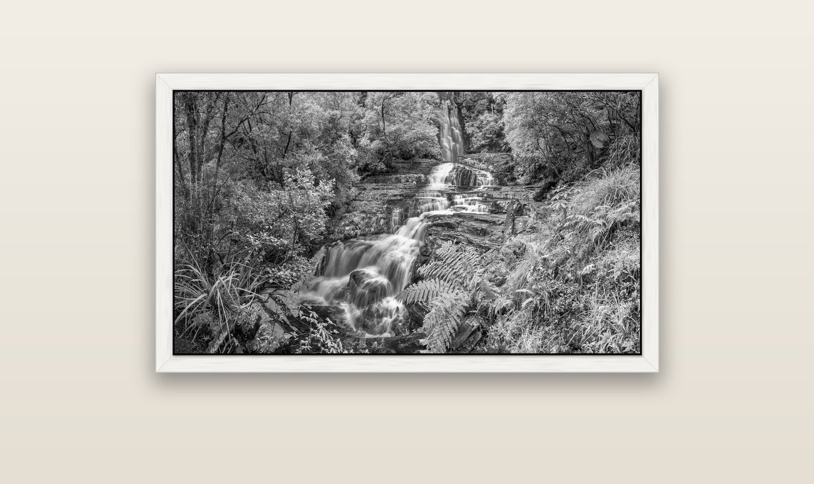 Radiance of Nature, McLean Falls — white float frame canvas, 102 × 56 cm. New Zealand fine art landscape wall art by Stephen Milner.