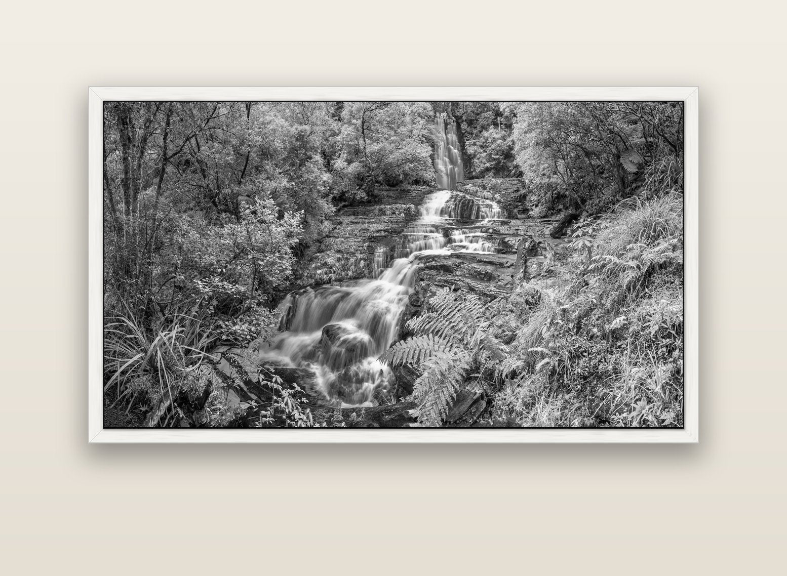 Radiance of Nature, McLean Falls — white float frame canvas, 152 × 86 cm. New Zealand fine art landscape wall art by Stephen Milner.