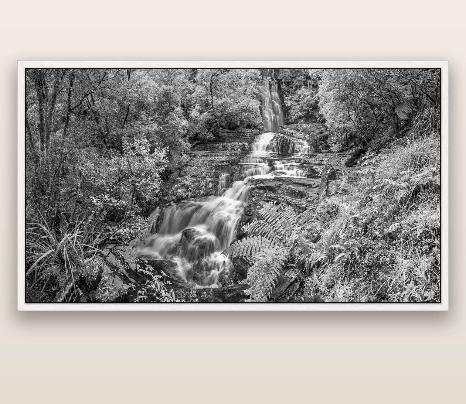 Radiance of Nature, McLean Falls — white float frame canvas, 200 × 130 cm. New Zealand fine art landscape wall art by Stephen Milner.