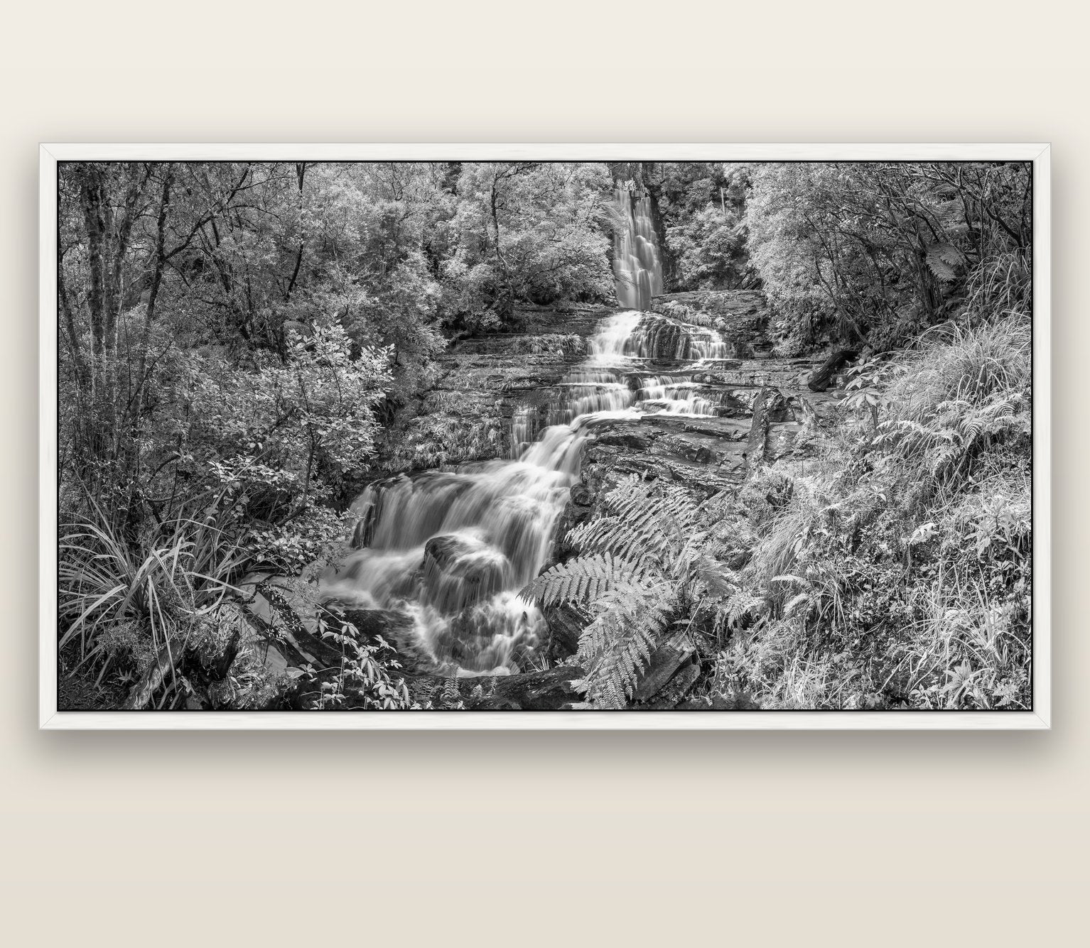 Radiance of Nature, McLean Falls — white float frame canvas, 201 × 99 cm. New Zealand fine art landscape wall art by Stephen Milner.