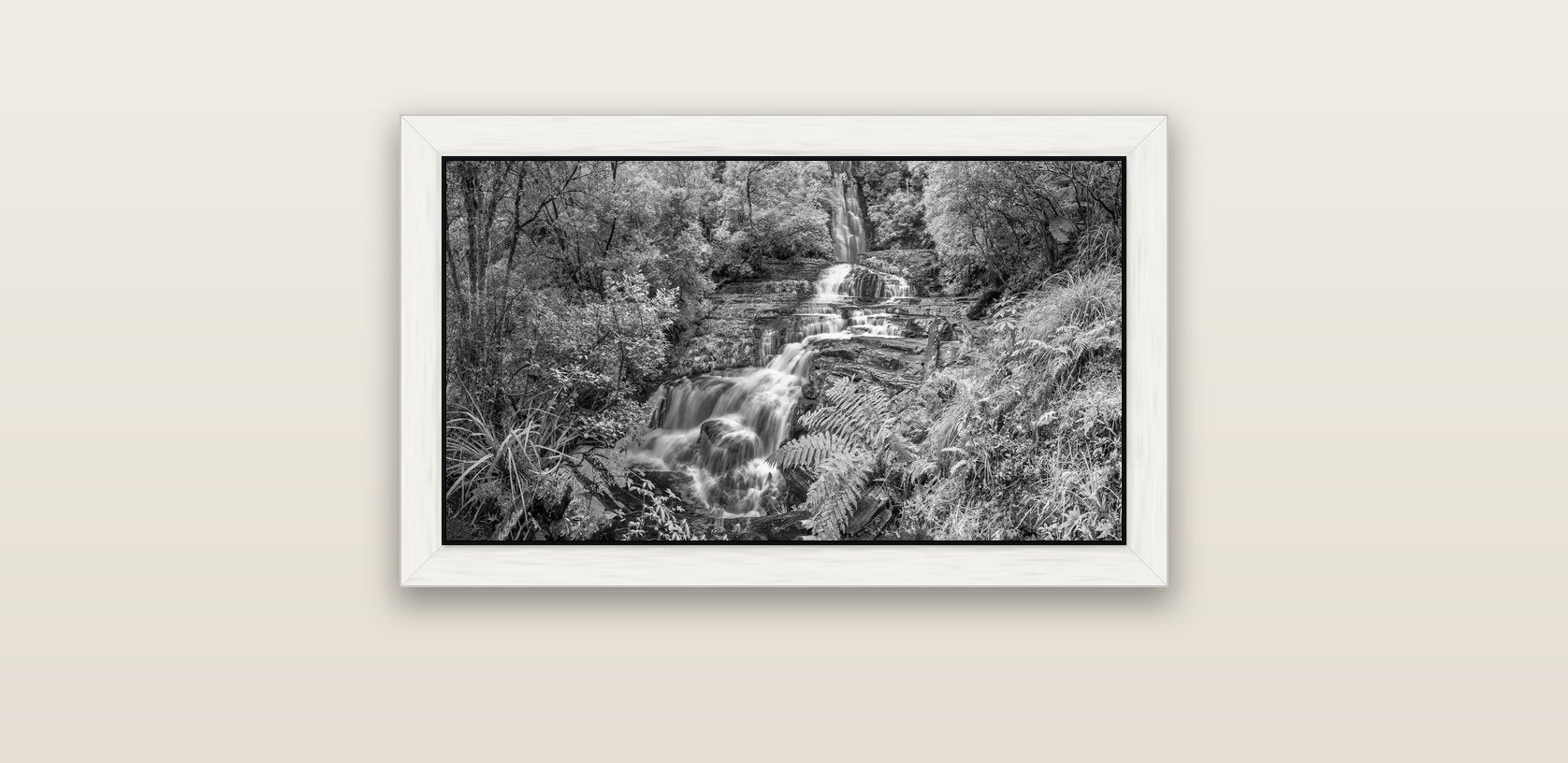 Radiance of Nature, McLean Falls — white float frame canvas, 61 × 36 cm. New Zealand fine art landscape wall art by Stephen Milner.