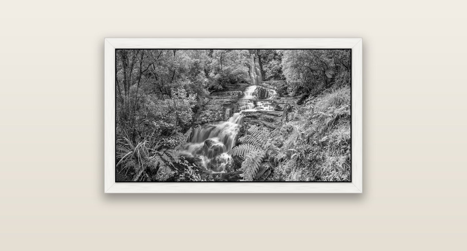 Radiance of Nature, McLean Falls — white float frame canvas, 81 × 46 cm. New Zealand fine art landscape wall art by Stephen Milner.