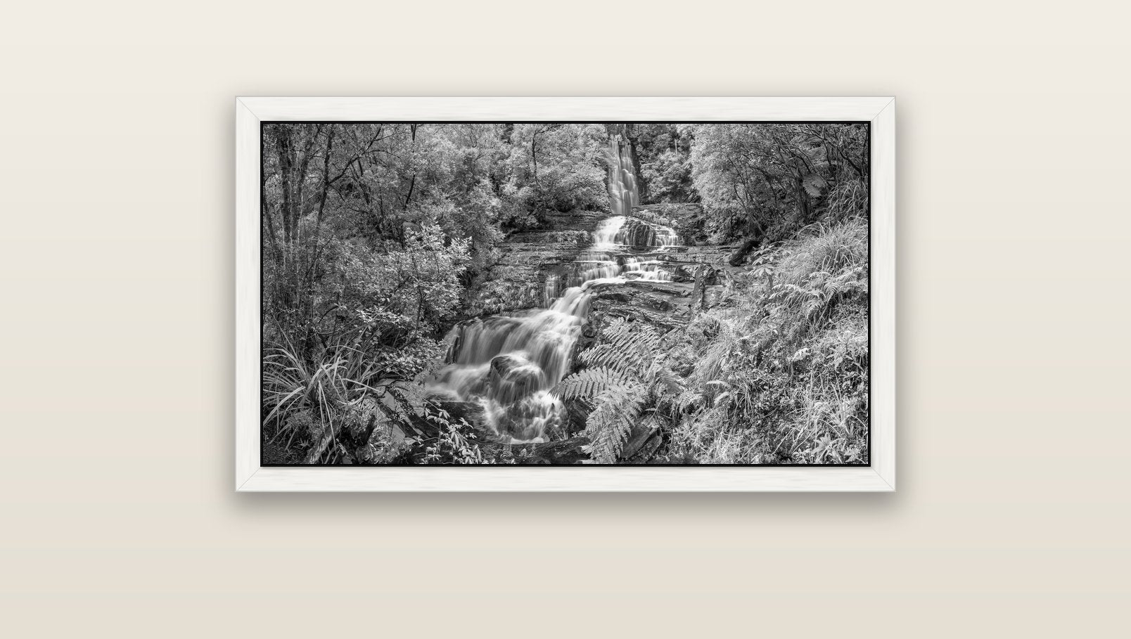 Radiance of Nature, McLean Falls — white float frame canvas, 91 × 51 cm. New Zealand fine art landscape wall art by Stephen Milner.