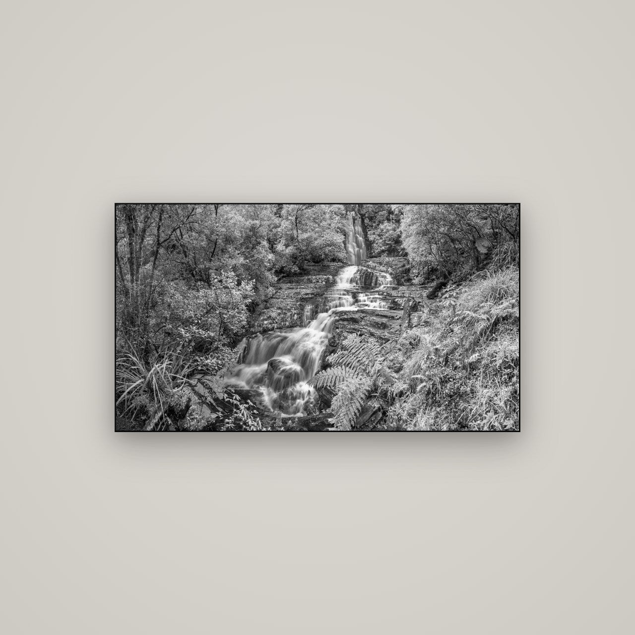 Radiance of Nature, McLean Falls — Slimline Black, 107×60 cm. New Zealand fine art wall art by Stephen Milner.