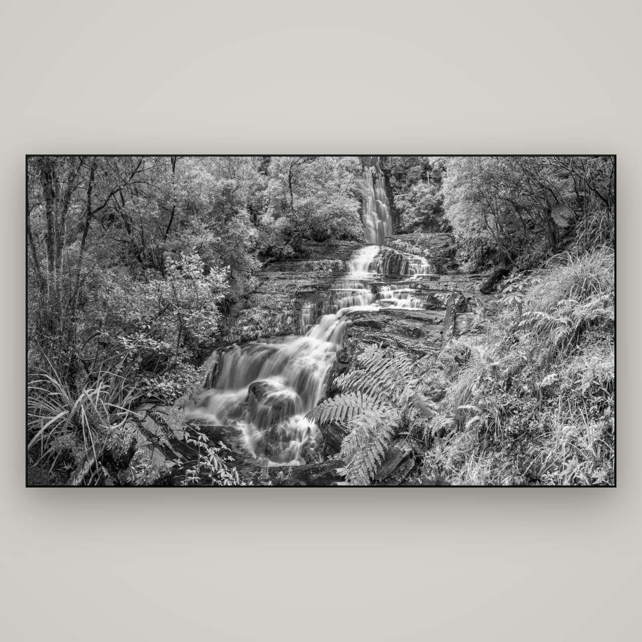 Radiance of Nature, McLean Falls — Slimline Black, 196×110 cm. New Zealand fine art wall art by Stephen Milner.