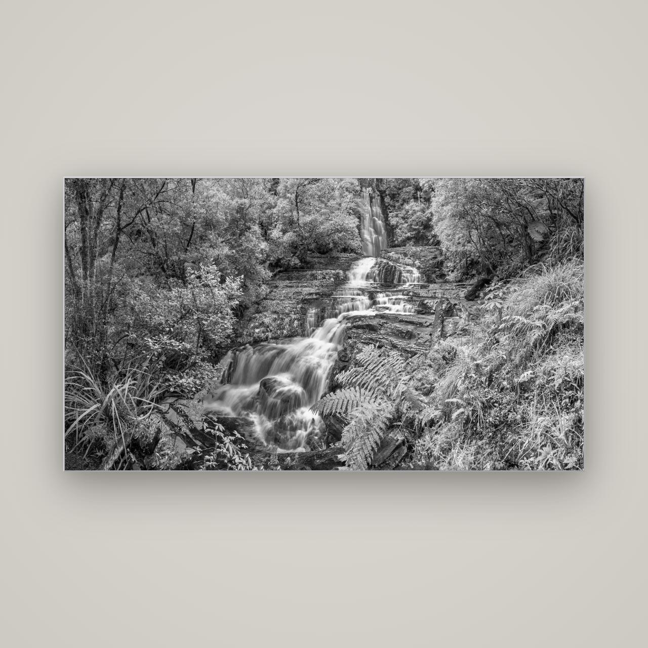 Radiance of Nature, McLean Falls — Slimline Silver, 160×90 cm. New Zealand fine art wall art by Stephen Milner.