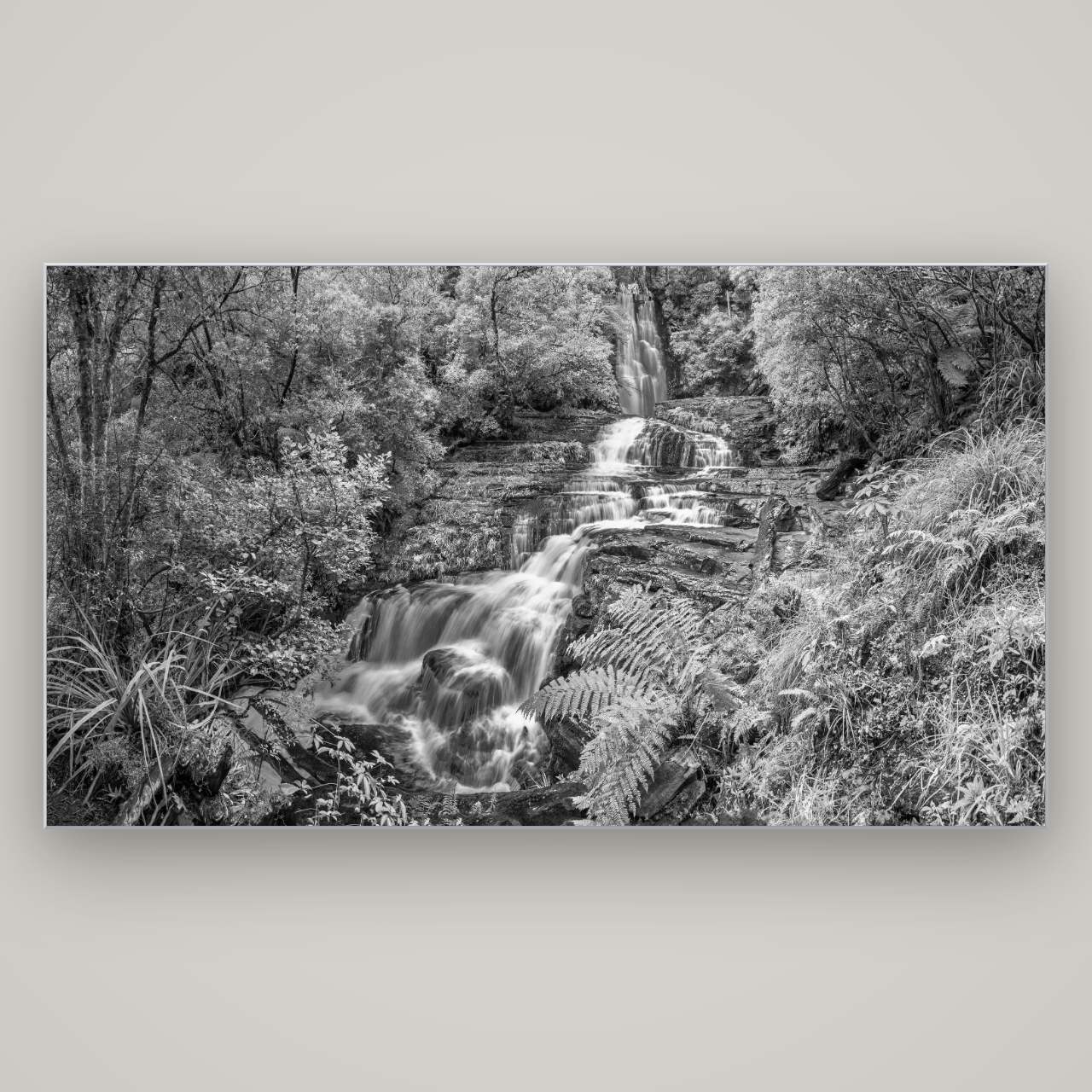 Radiance of Nature, McLean Falls — Slimline Silver, 196×110 cm. New Zealand fine art wall art by Stephen Milner.