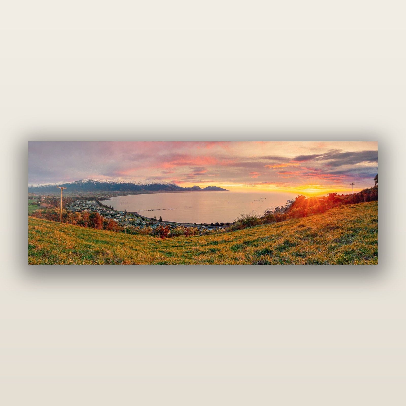Radiant Awakening, Kaikōura's Coastal Majesty — frameless acrylic glass print. New Zealand fine art landscape photography by Stephen Milner.