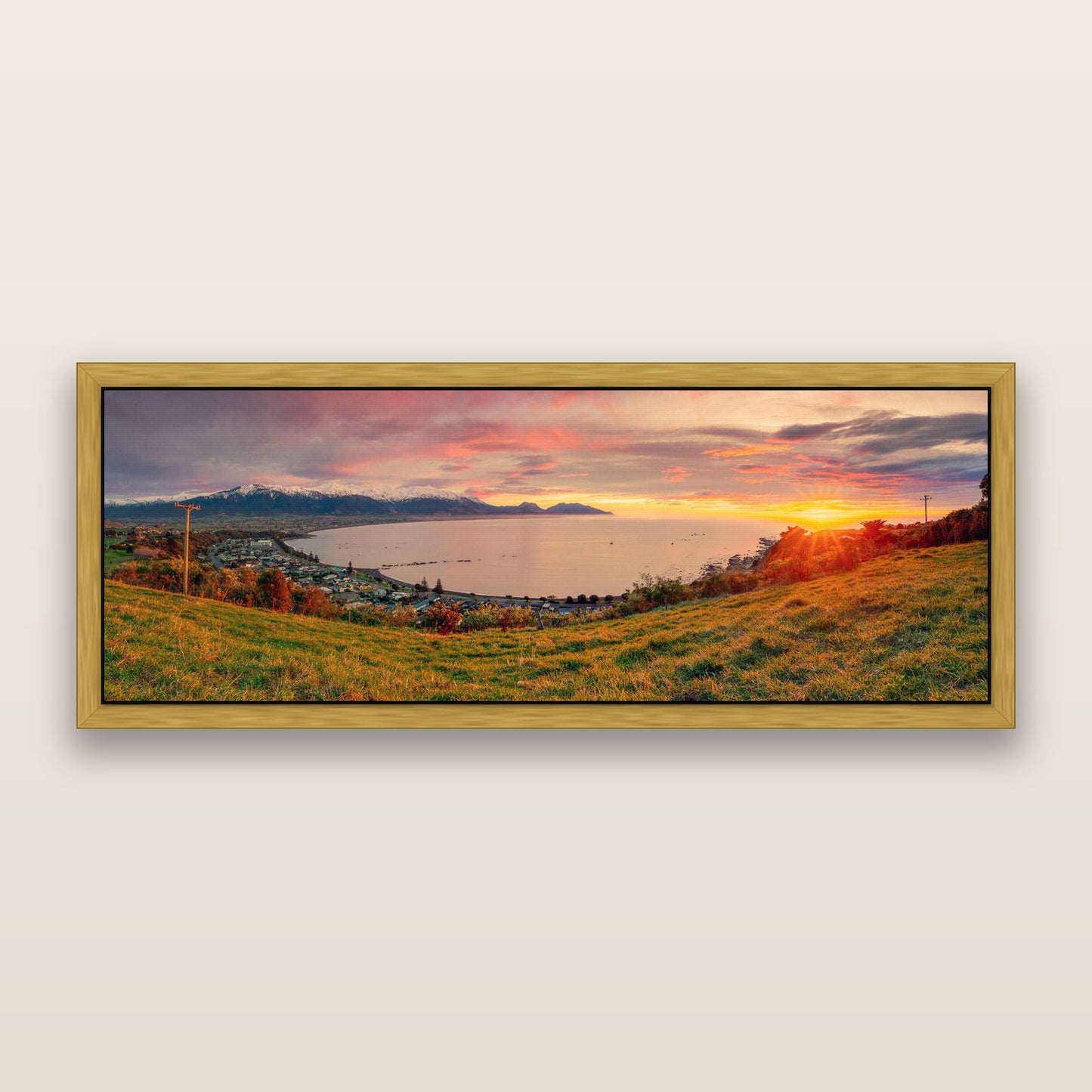 Radiant Awakening, Kaikōura's Coastal Majesty — framed metallic canvas print, Antique Gold frame. New Zealand fine art landscape wall art by Stephen Milner.