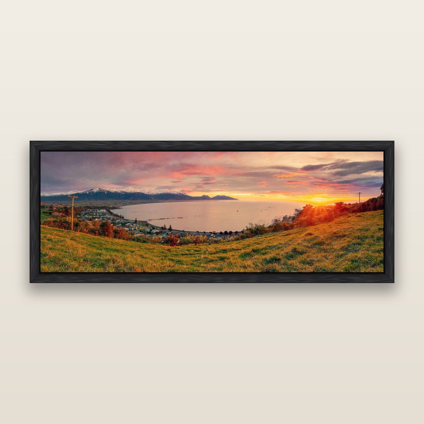 Radiant Awakening, Kaikōura's Coastal Majesty — framed metallic canvas print, Black frame. New Zealand fine art landscape wall art by Stephen Milner.