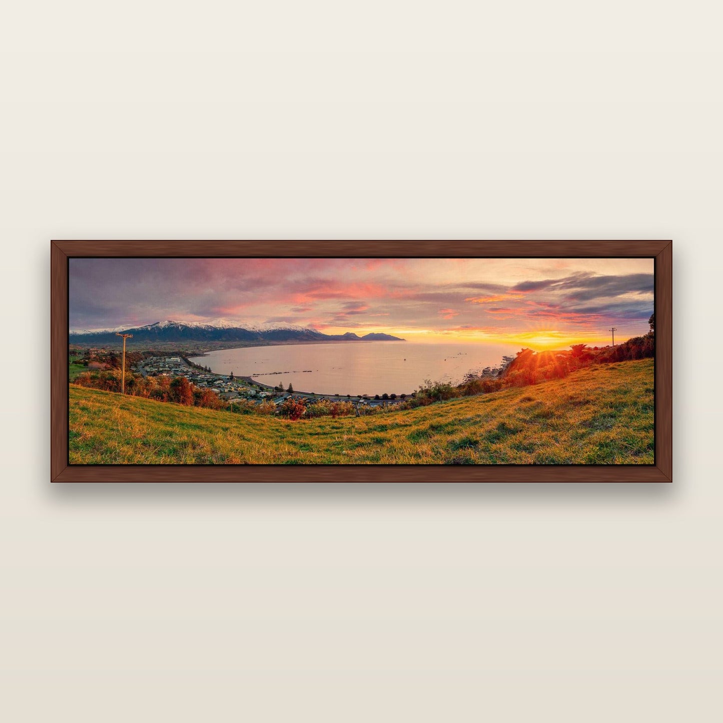 Radiant Awakening, Kaikōura's Coastal Majesty — framed metallic canvas print, Brown frame. New Zealand fine art landscape wall art by Stephen Milner.