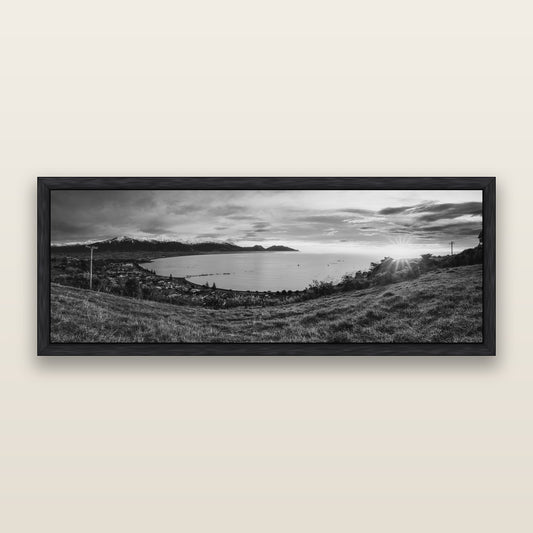Radiant Awakening, Kaikōura's Coastal Majesty, black and white framed metallic canvas print, Black frame. New Zealand fine art wall art by Stephen Milner.