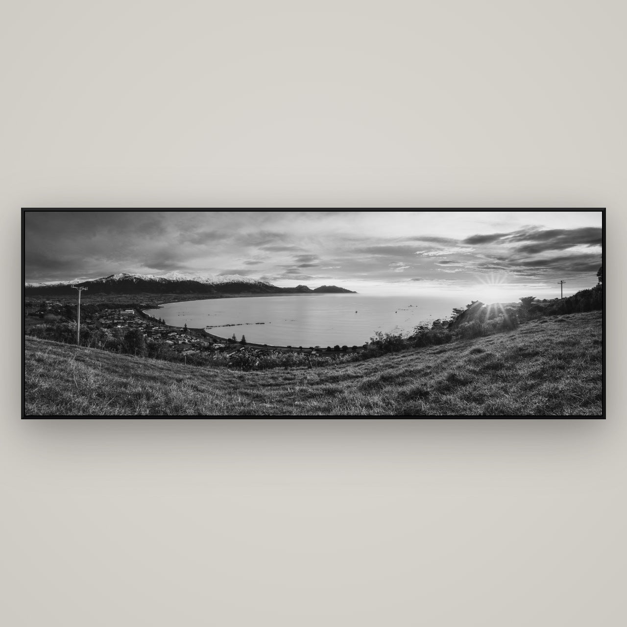 Radiant Awakening, Kaikōura's Coastal Majesty — ArtBox Black, 198×70 cm. New Zealand fine art wall art by Stephen Milner.