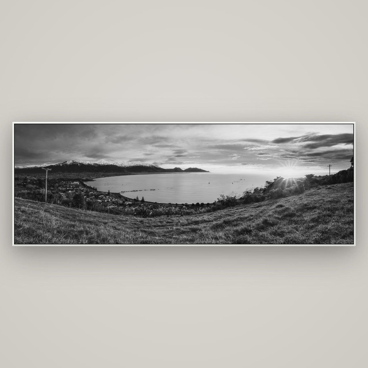 Radiant Awakening, Kaikōura's Coastal Majesty — ArtBox White, 198×70 cm. New Zealand fine art wall art by Stephen Milner.