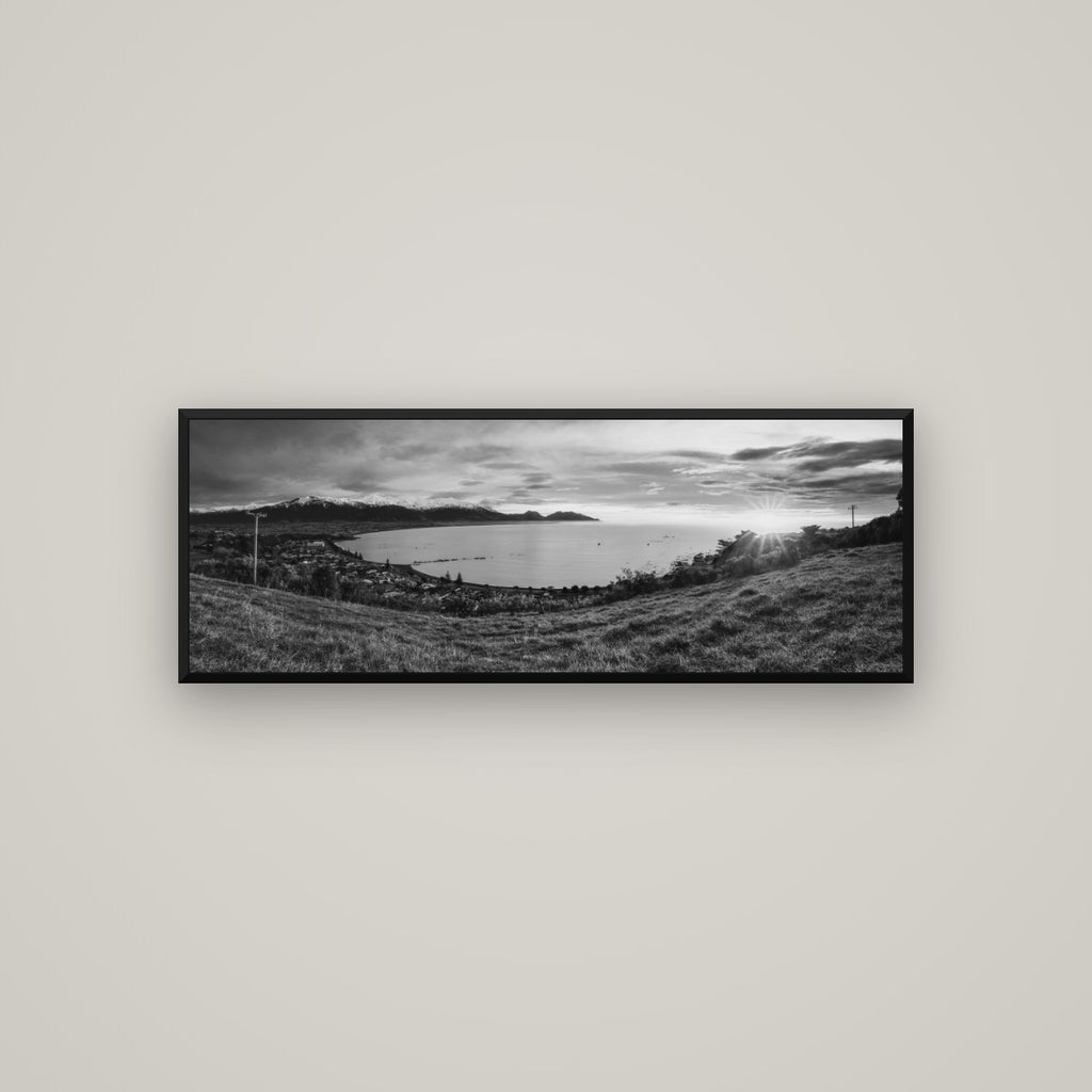 Radiant Awakening, Kaikōura's Coastal Majesty — Basel Black Matte, 113×40 cm. New Zealand fine art wall art by Stephen Milner.