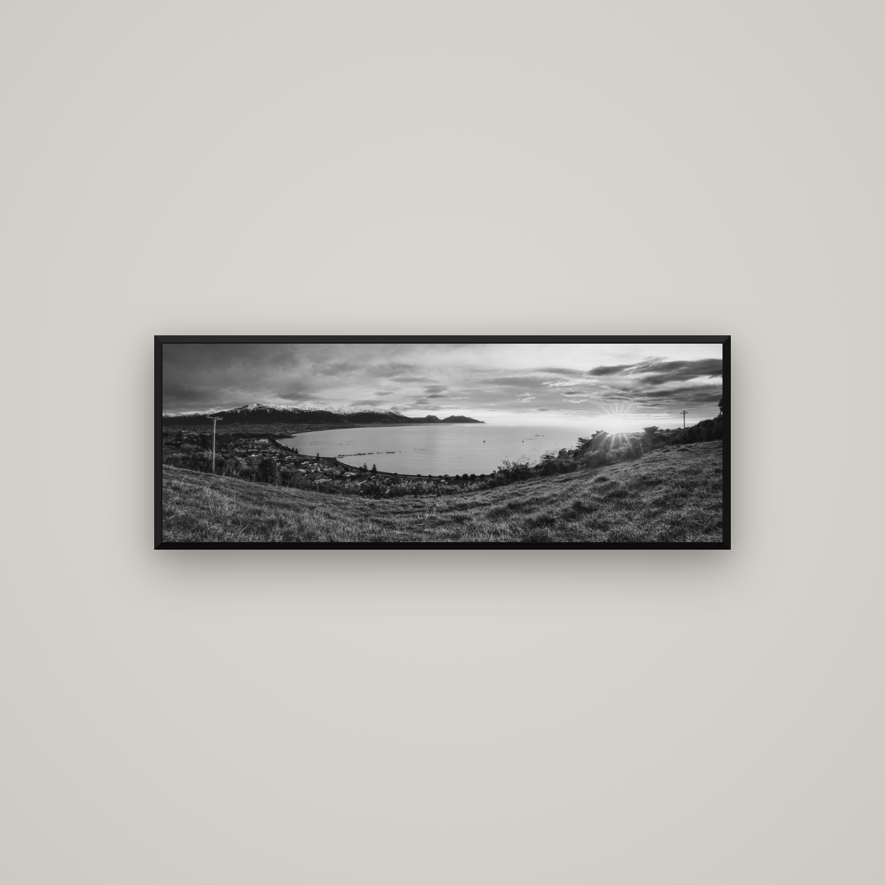 Radiant Awakening, Kaikōura's Coastal Majesty — Basel Black Matte, 113×40 cm. New Zealand fine art wall art by Stephen Milner.