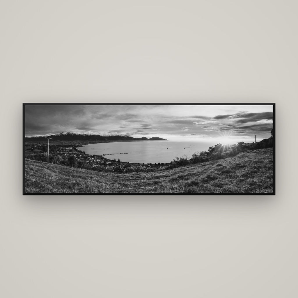 Radiant Awakening, Kaikōura's Coastal Majesty — Basel Black Matte, 170×60 cm. New Zealand fine art wall art by Stephen Milner.