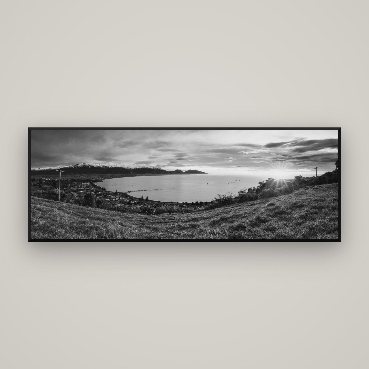 Radiant Awakening, Kaikōura's Coastal Majesty — Basel Black, 170×60 cm. New Zealand fine art wall art by Stephen Milner.