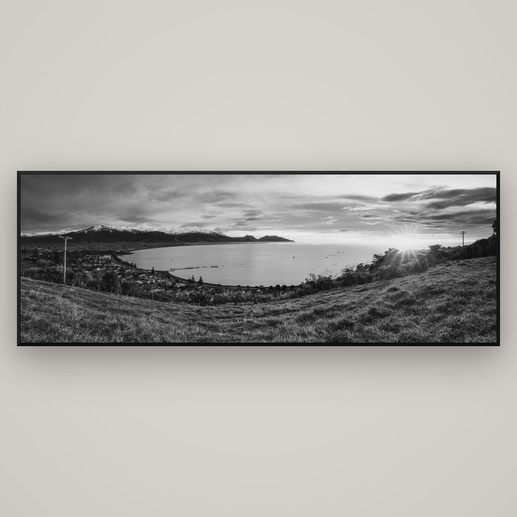 Radiant Awakening, Kaikōura's Coastal Majesty — Basel Black Matte, 198×70 cm. New Zealand fine art wall art by Stephen Milner.