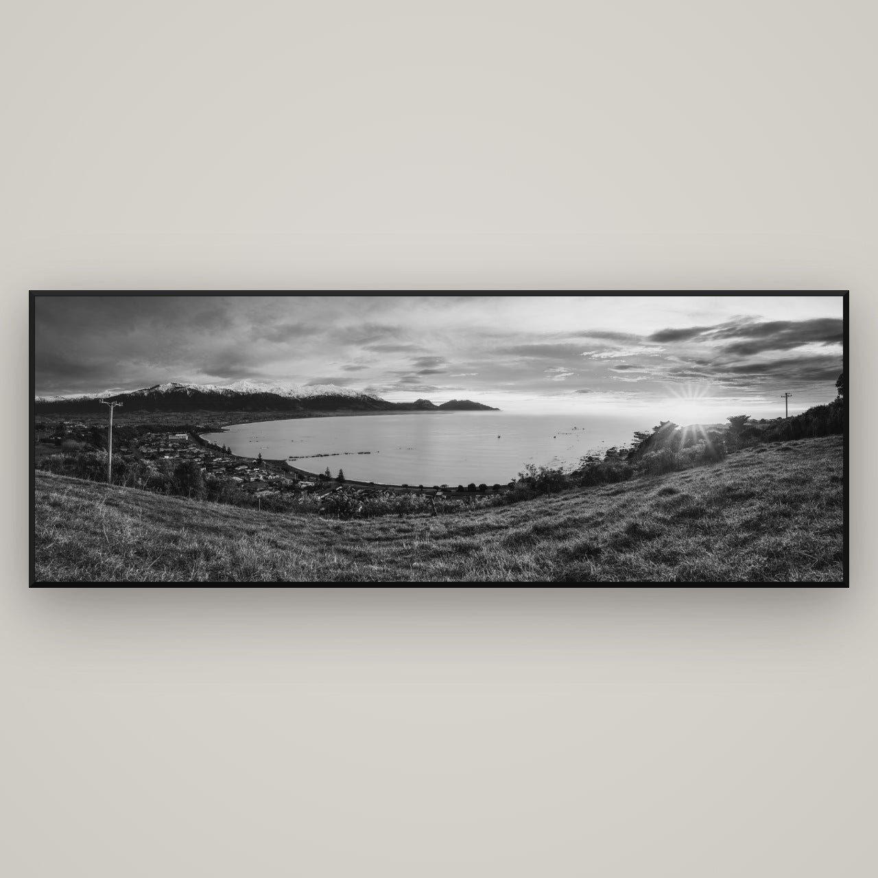 Radiant Awakening, Kaikōura's Coastal Majesty — Basel Black, 198×70 cm. New Zealand fine art wall art by Stephen Milner.