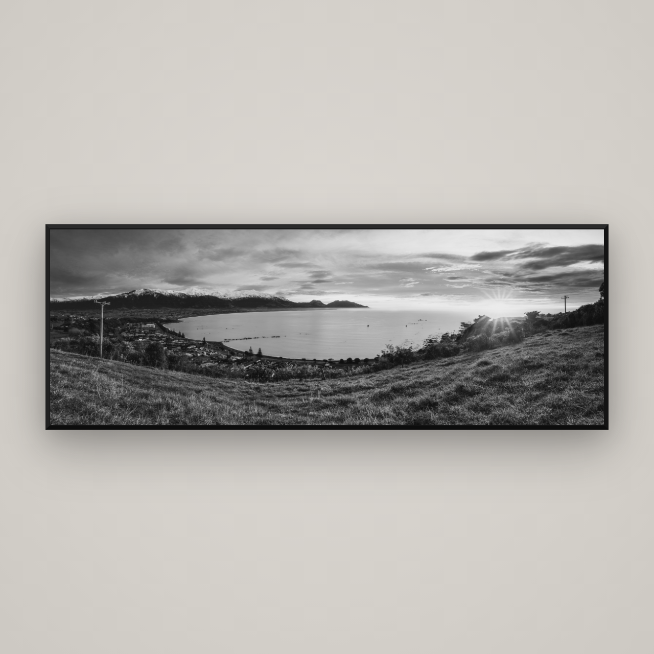 Radiant Awakening, Kaikōura's Coastal Majesty — Basel Black Matte, 198×70 cm. New Zealand fine art wall art by Stephen Milner.
