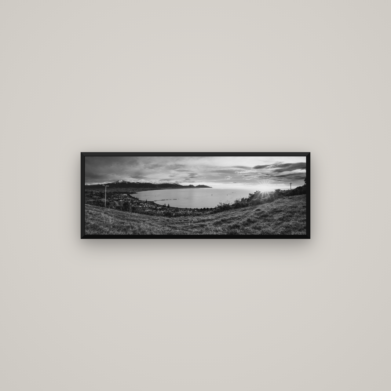 Radiant Awakening, Kaikōura's Coastal Majesty — Basel Black Matte, 85×30 cm. New Zealand fine art wall art by Stephen Milner.