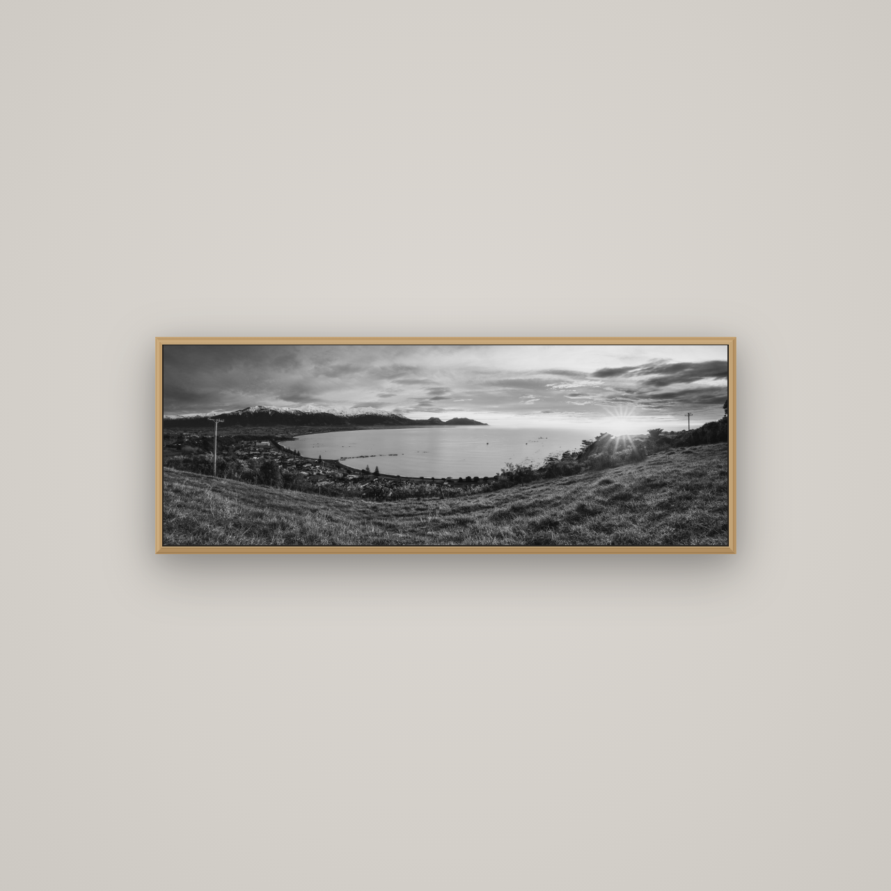 Radiant Awakening, Kaikōura's Coastal Majesty, Basel Natural Oak, 113×40 cm. New Zealand fine art wall art by Stephen Milner.