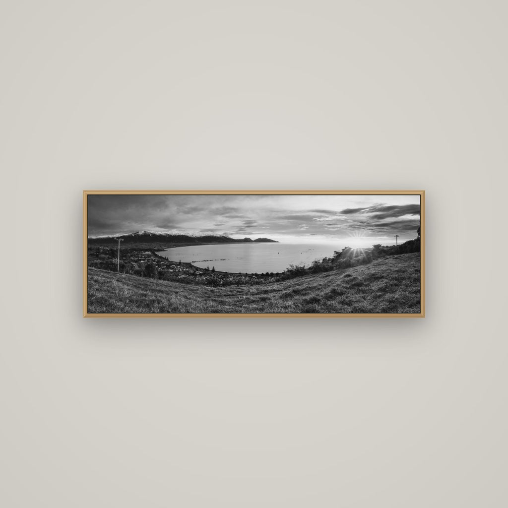 Radiant Awakening, Kaikōura's Coastal Majesty, Basel Natural Oak, 113×40 cm. New Zealand fine art wall art by Stephen Milner.