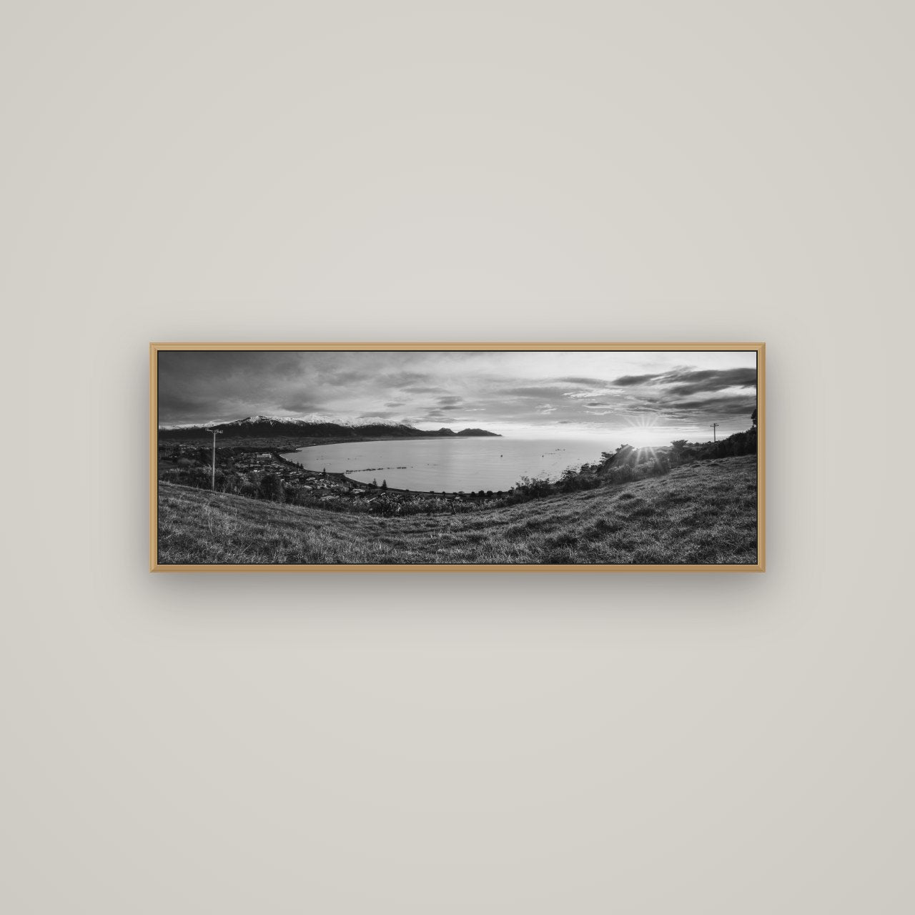 Radiant Awakening, Kaikōura's Coastal Majesty, Basel Natural Oak, 113×40 cm. New Zealand fine art wall art by Stephen Milner.