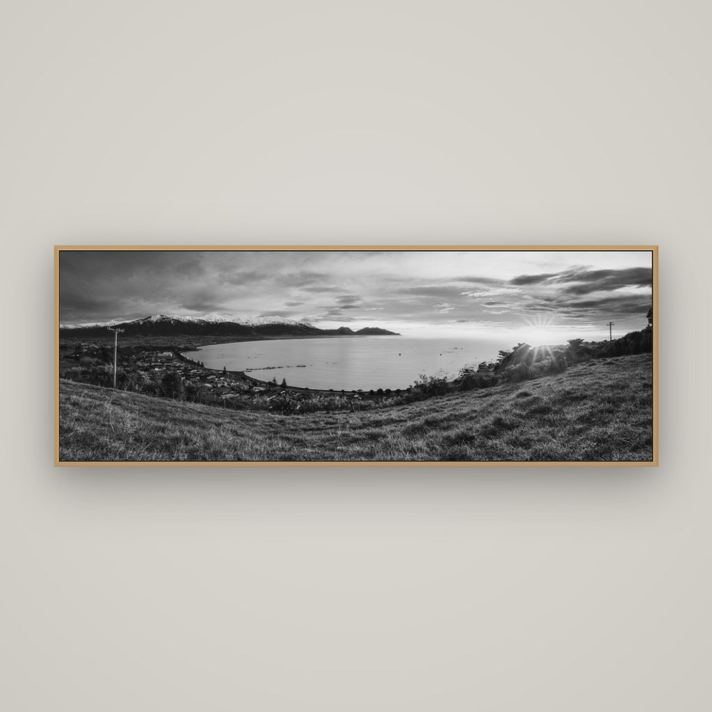 Radiant Awakening, Kaikōura's Coastal Majesty, Basel Natural Oak, 170×60 cm. New Zealand fine art wall art by Stephen Milner.