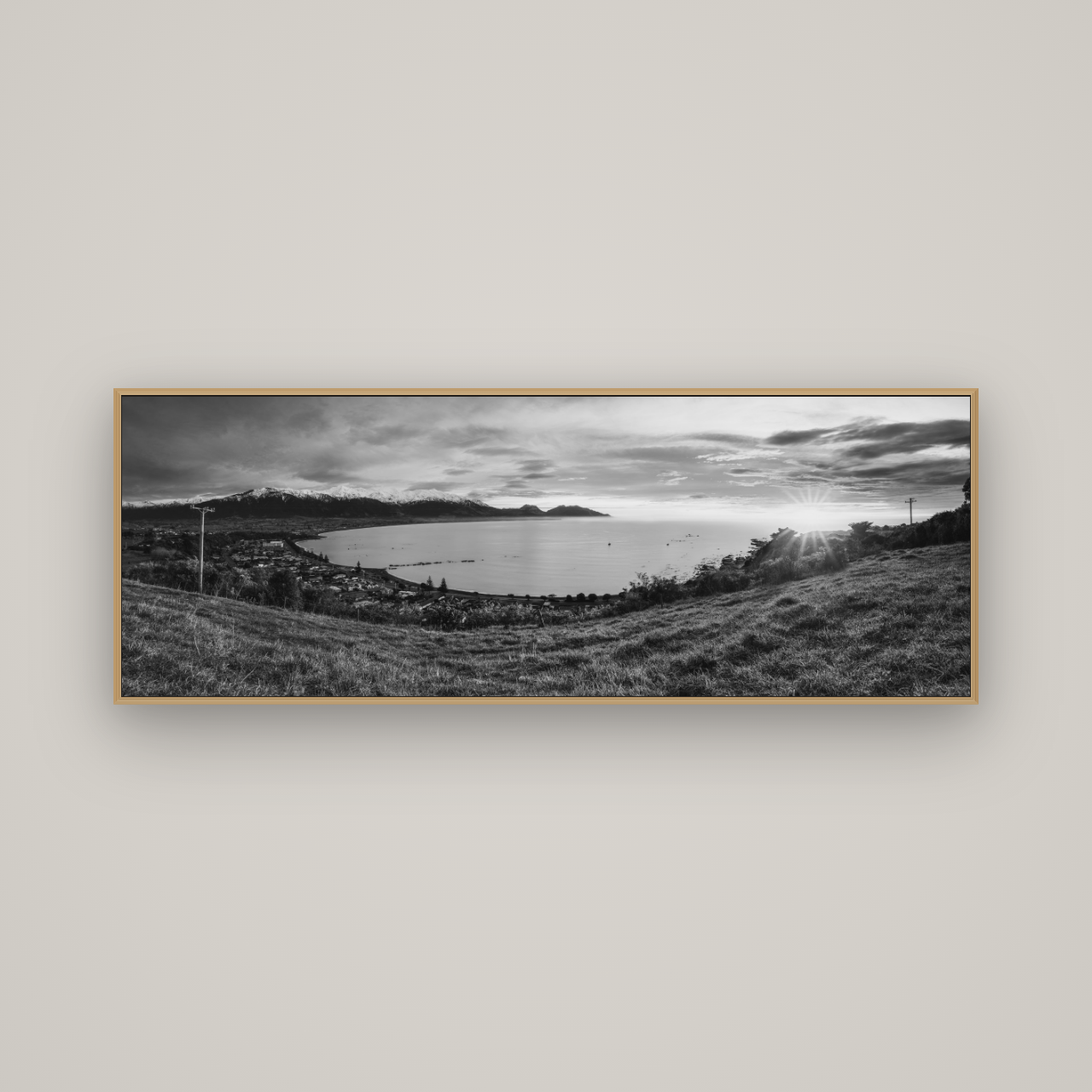 Radiant Awakening, Kaikōura's Coastal Majesty, Basel Natural Oak, 170×60 cm. New Zealand fine art wall art by Stephen Milner.