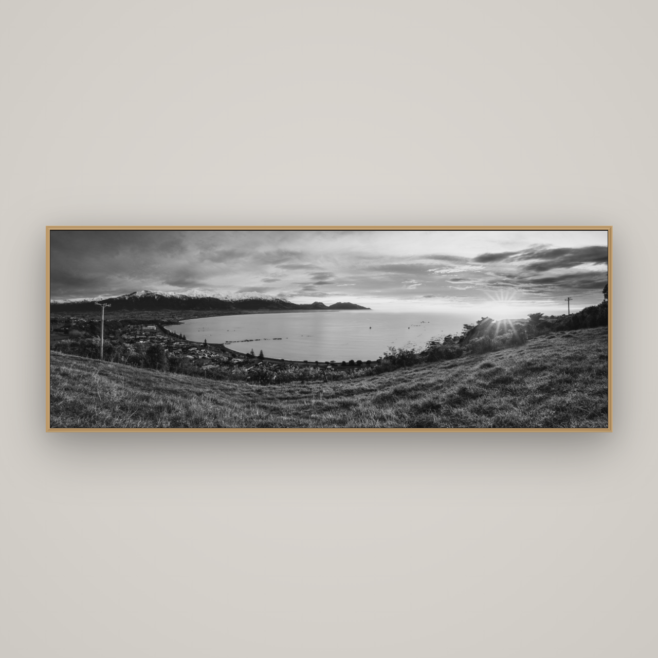 Radiant Awakening, Kaikōura's Coastal Majesty, Basel Natural Oak, 198×70 cm. New Zealand fine art wall art by Stephen Milner.