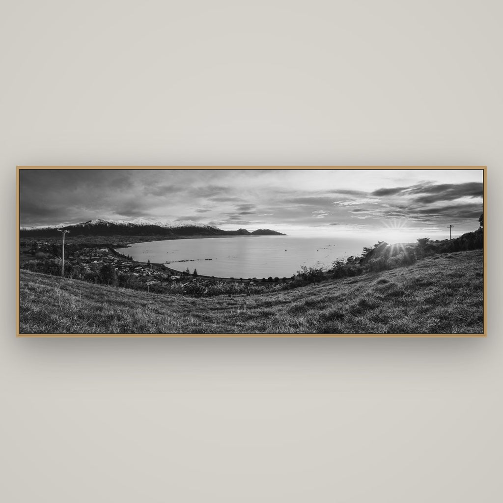 Radiant Awakening, Kaikōura's Coastal Majesty, Basel Natural Oak, 198×70 cm. New Zealand fine art wall art by Stephen Milner.
