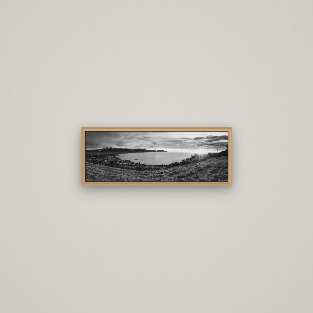 Radiant Awakening, Kaikōura's Coastal Majesty, Basel Natural Oak, 57×20 cm. New Zealand fine art wall art by Stephen Milner.