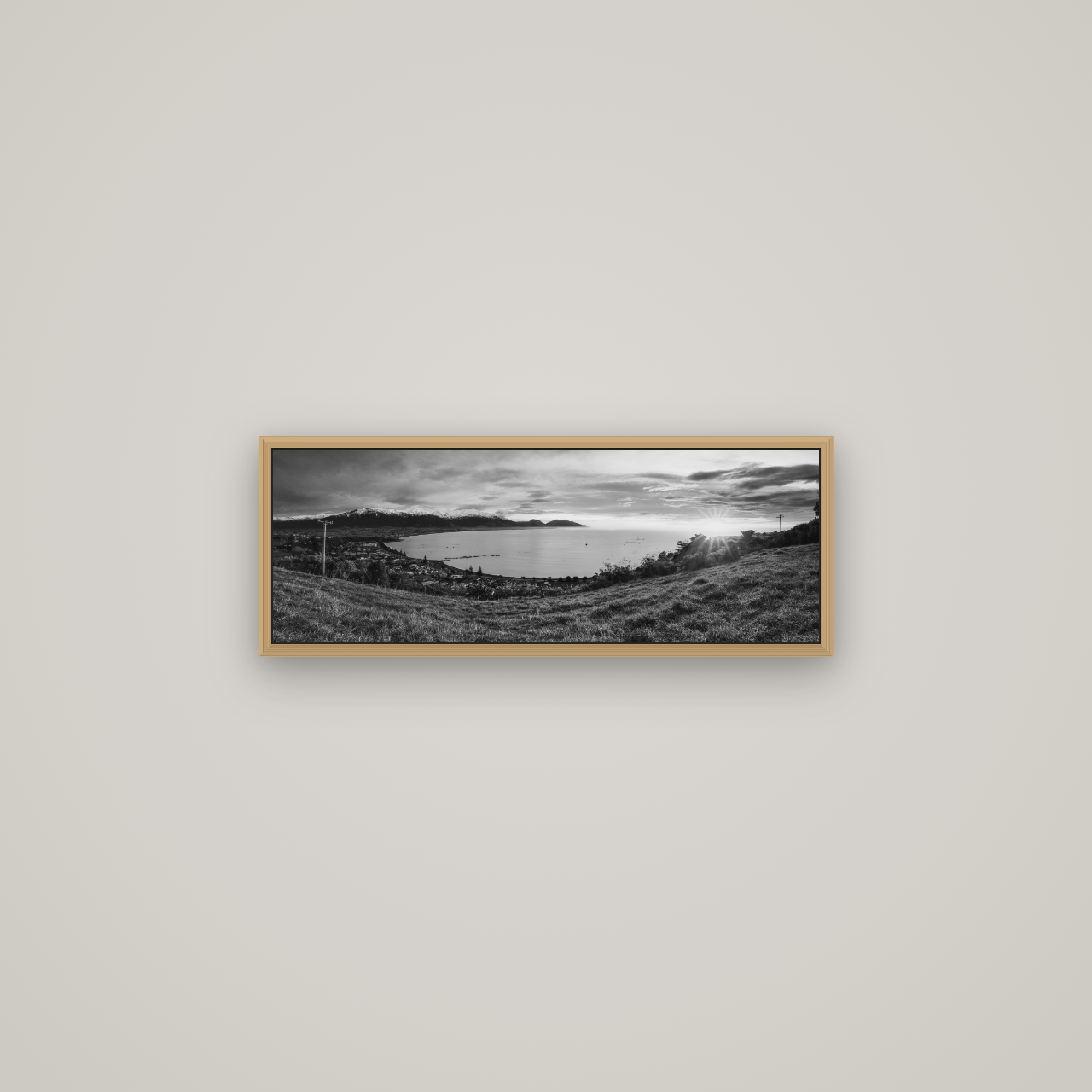 Radiant Awakening, Kaikōura's Coastal Majesty, Basel Natural Oak, 68×24 cm. New Zealand fine art wall art by Stephen Milner.