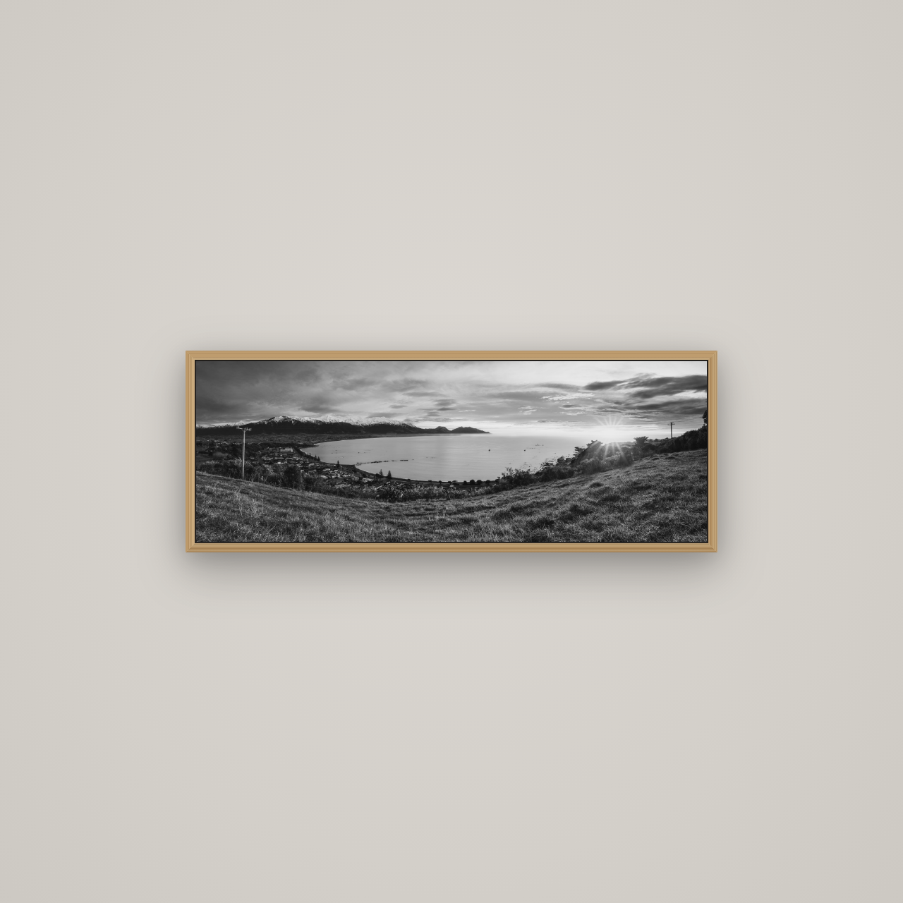 Radiant Awakening, Kaikōura's Coastal Majesty, Basel Natural Oak, 85×30 cm. New Zealand fine art wall art by Stephen Milner.