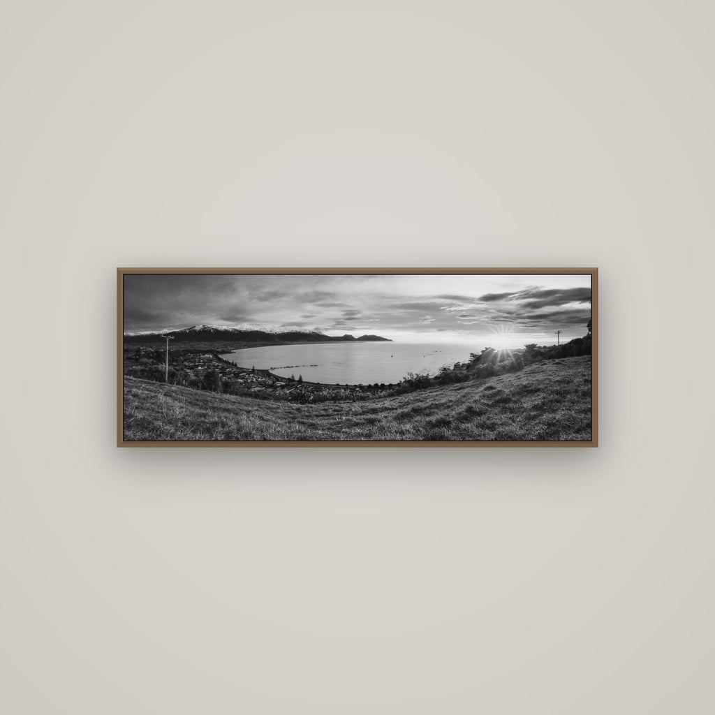 Radiant Awakening, Kaikōura's Coastal Majesty, Basel Walnut, 113×40 cm. New Zealand fine art wall art by Stephen Milner.