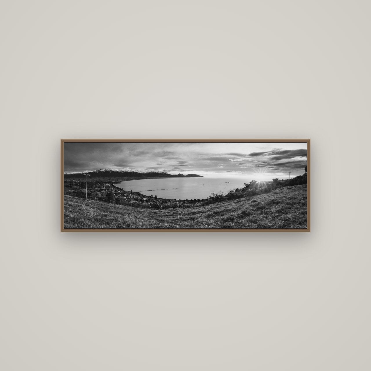 Radiant Awakening, Kaikōura's Coastal Majesty, Basel Walnut, 113×40 cm. New Zealand fine art wall art by Stephen Milner.