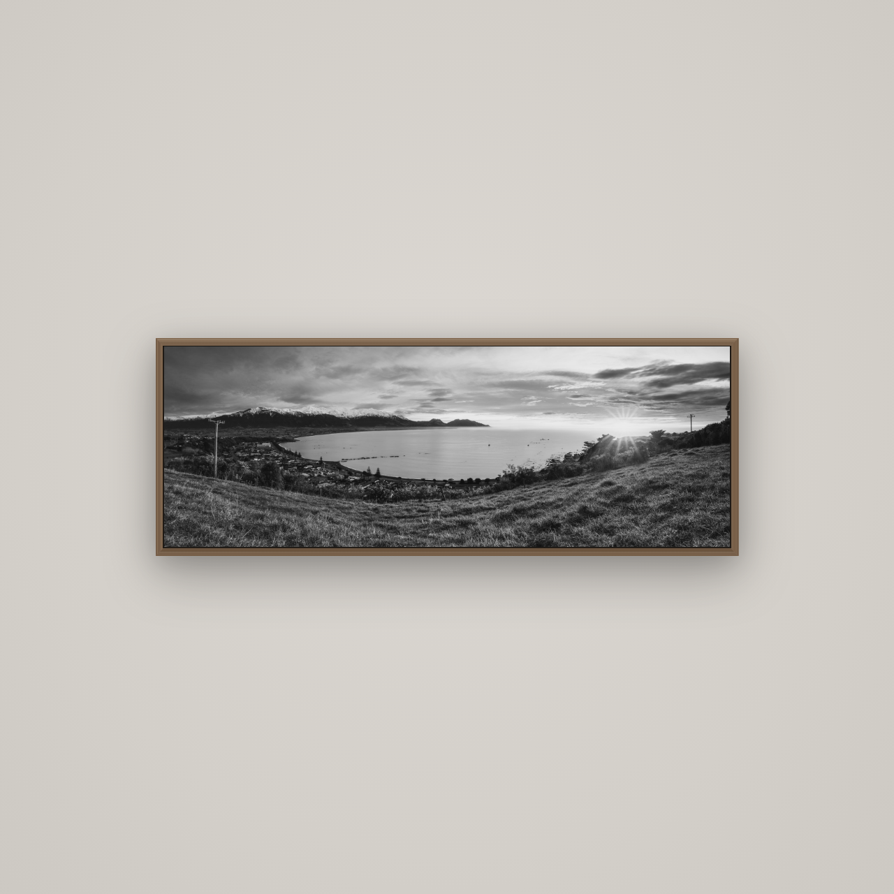 Radiant Awakening, Kaikōura's Coastal Majesty, Basel Walnut, 113×40 cm. New Zealand fine art wall art by Stephen Milner.