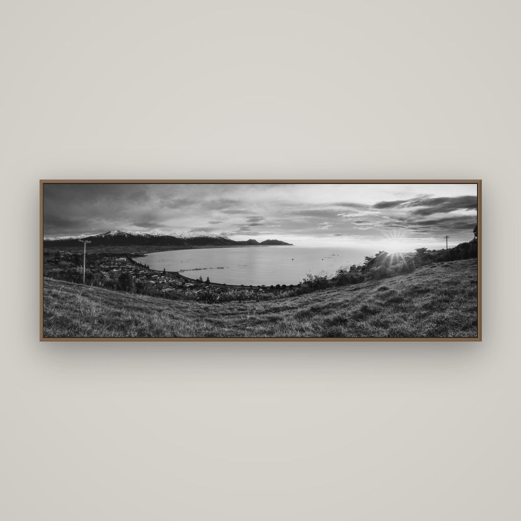 Radiant Awakening, Kaikōura's Coastal Majesty, Basel Walnut, 170×60 cm. New Zealand fine art wall art by Stephen Milner.