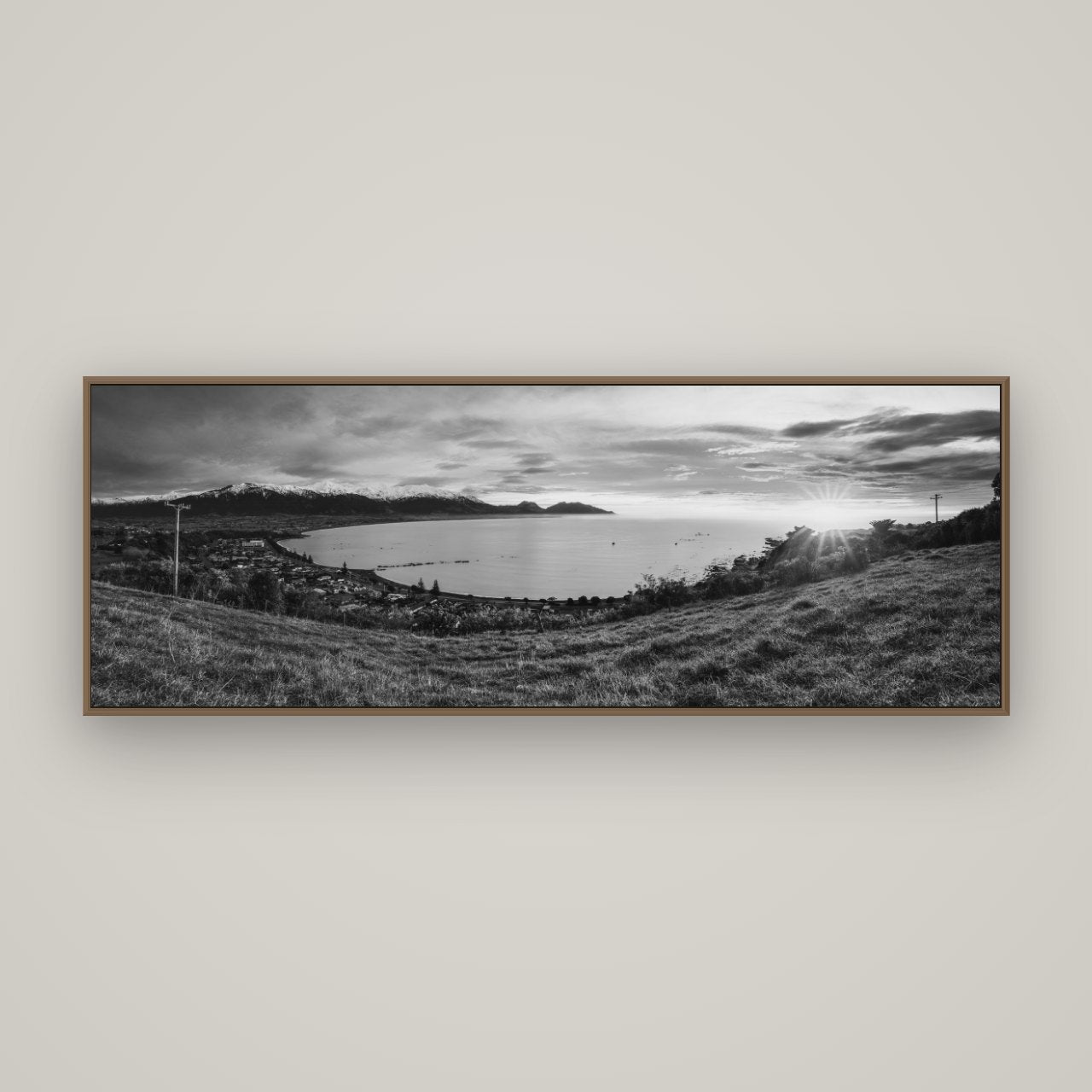 Radiant Awakening, Kaikōura's Coastal Majesty, Basel Walnut, 170×60 cm. New Zealand fine art wall art by Stephen Milner.