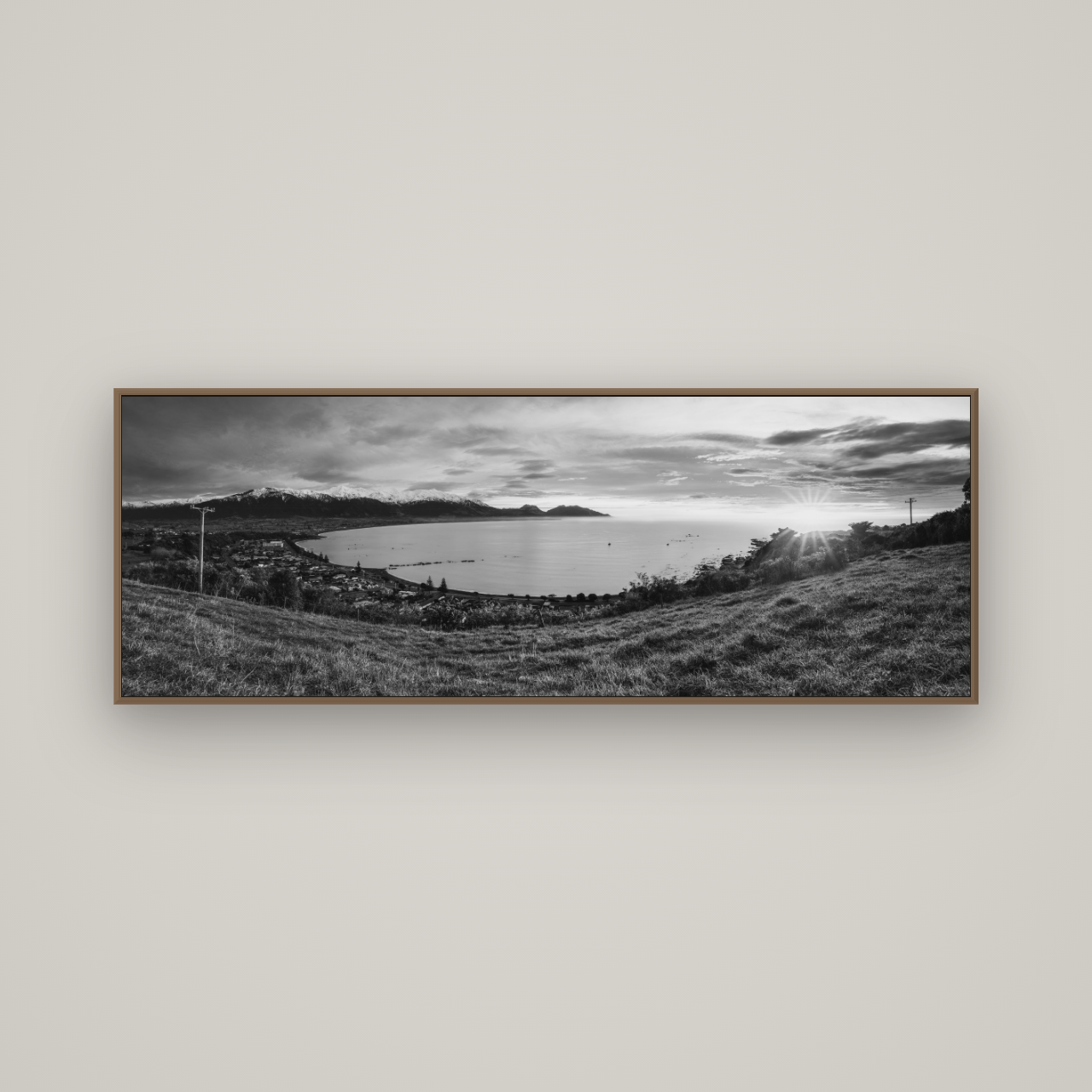 Radiant Awakening, Kaikōura's Coastal Majesty, Basel Walnut, 170×60 cm. New Zealand fine art wall art by Stephen Milner.