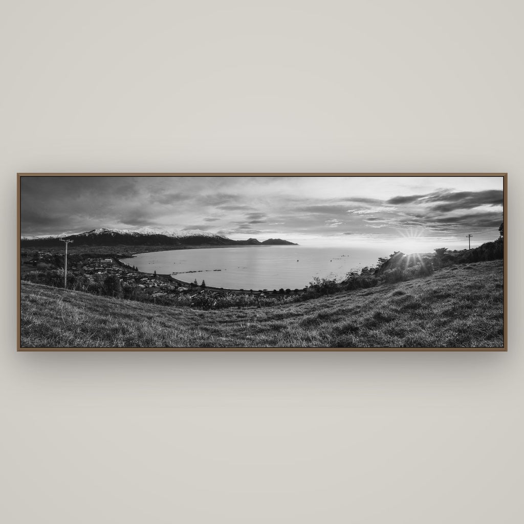 Radiant Awakening, Kaikōura's Coastal Majesty, Basel Walnut, 198×70 cm. New Zealand fine art wall art by Stephen Milner.