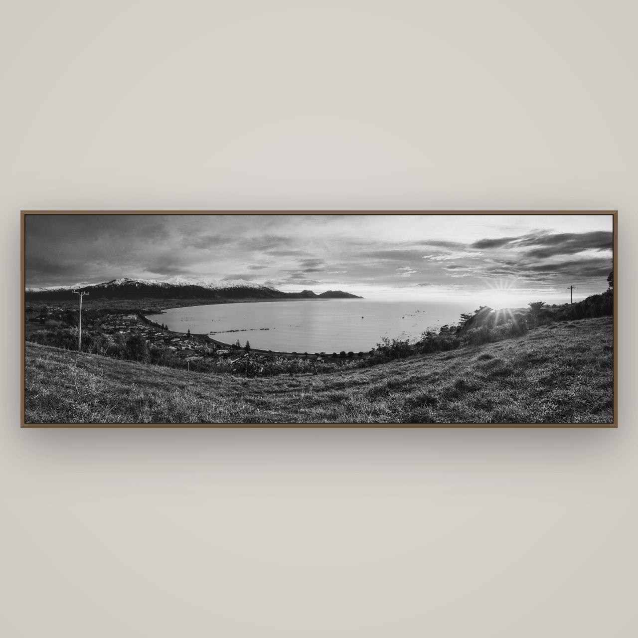 Radiant Awakening, Kaikōura's Coastal Majesty, Basel Walnut, 198×70 cm. New Zealand fine art wall art by Stephen Milner.
